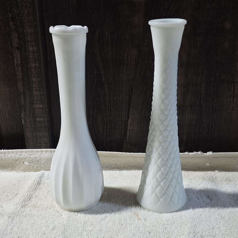 White Milk Glass Vase Set Of 2